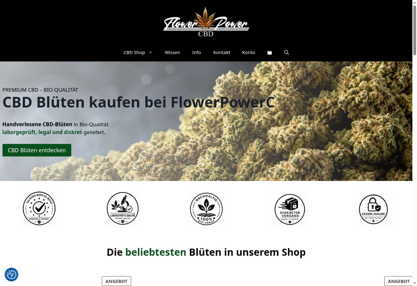 Startseite des von Nick Boes betreuten FlowerPowerCBD-Onlineshops